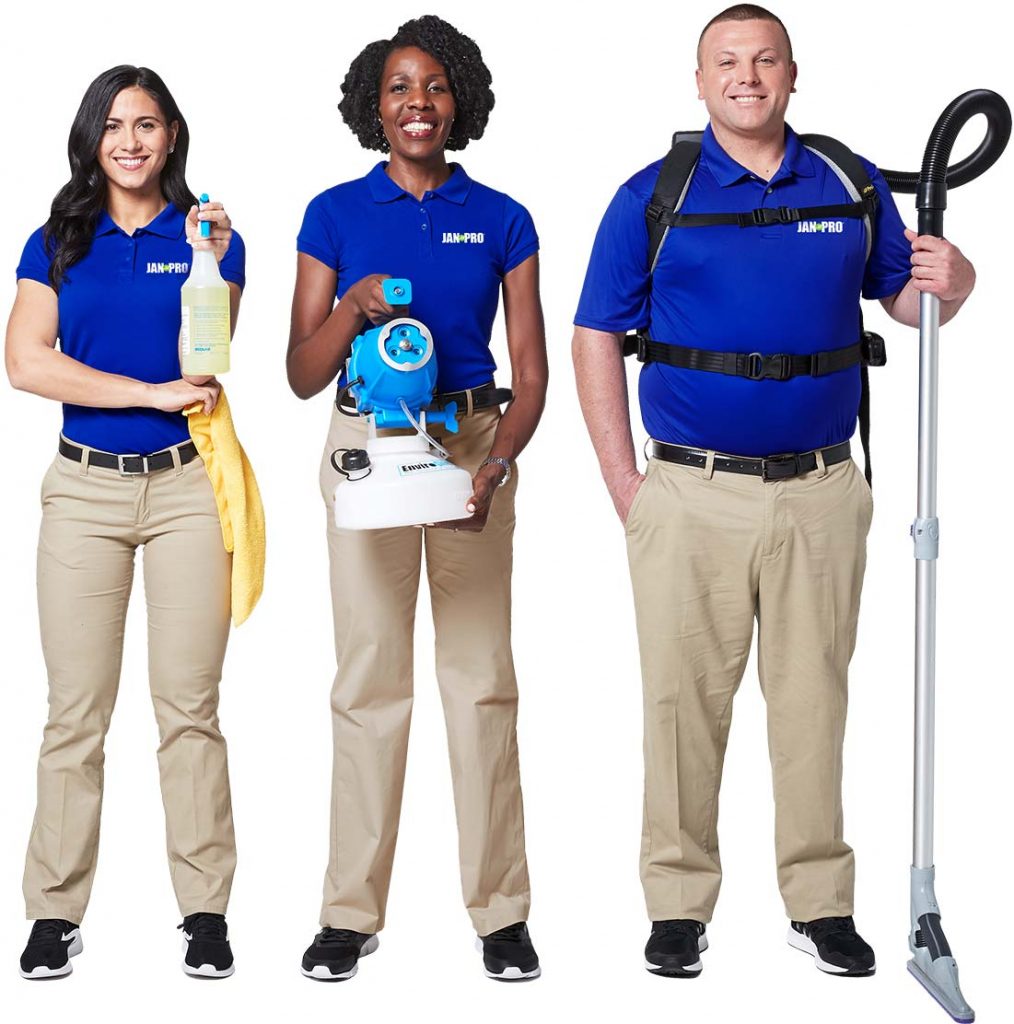 JAN-PRO professional cleaning team in uniform with cleaning equipment